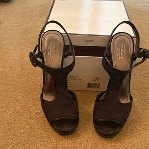 COACH Black Suede Peep-Toe Slingback Heels with Buckle